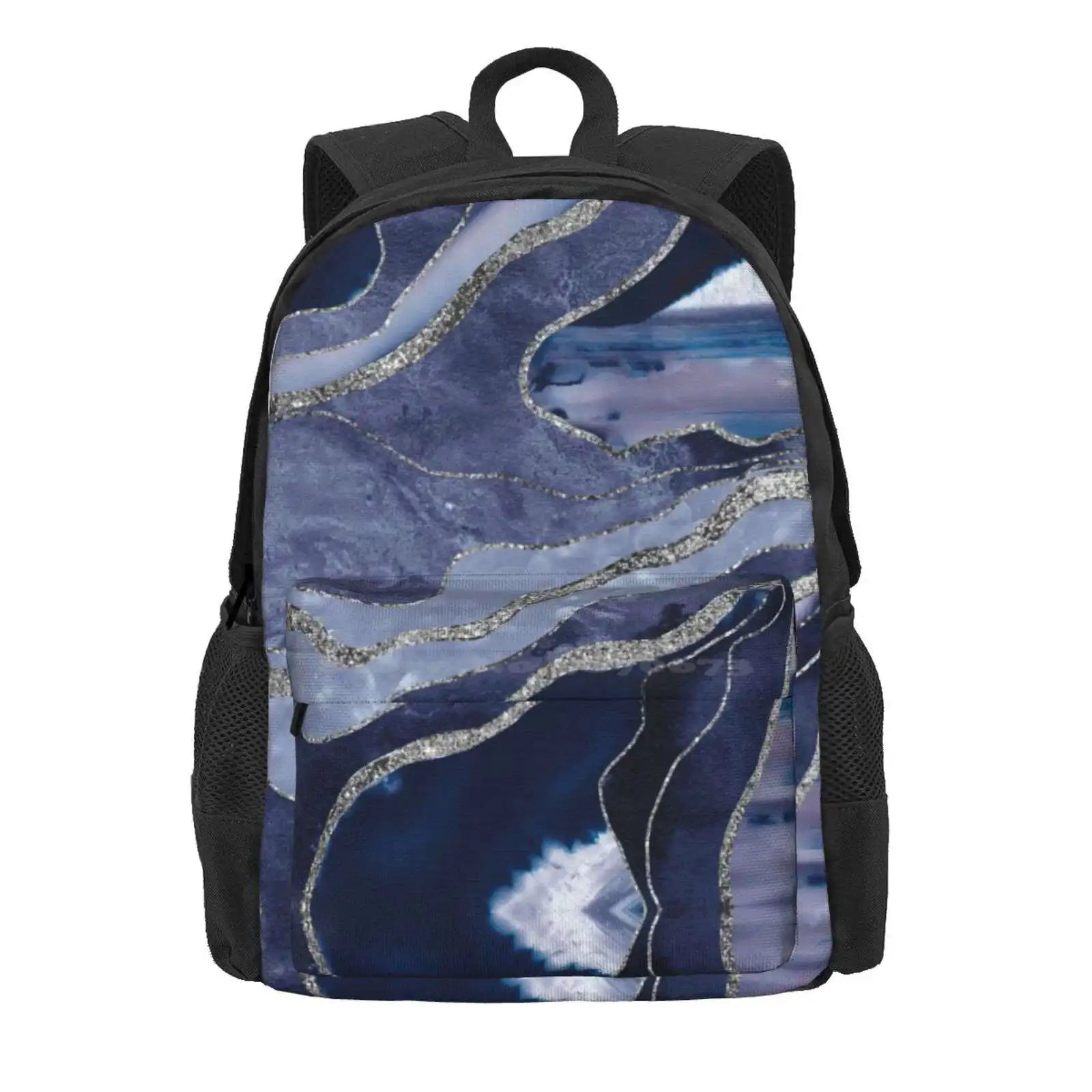 Blue Marble Agate Silver Glam #1 (Photo Of Glitter Only - Not Reflective) Hot Sale Schoolbag Backpack Fashion Bags Collage Blue