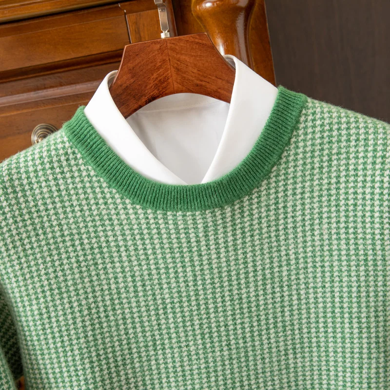 Autumn And Winter New Round Neck Thick 100% Pure Wool Men's High-End Houndstooth Sweater Knitted Pullover
