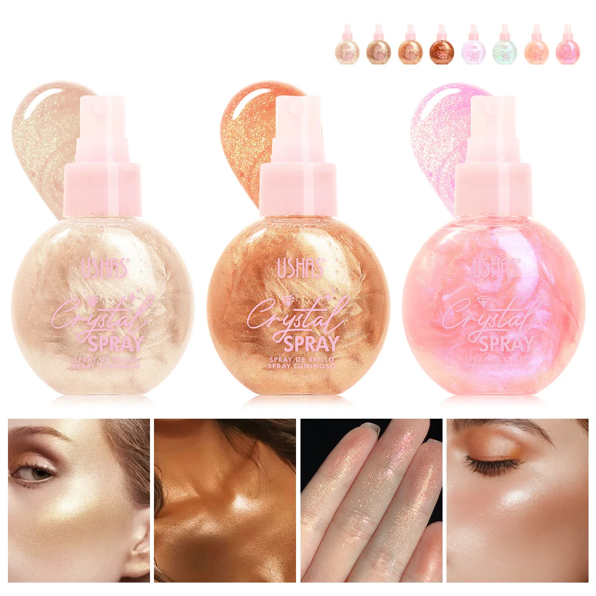 El resaltador líquido USHAS ilumina, es fácil de aplicar, hidrata y es un spray tonificante y resaltador multicolor.