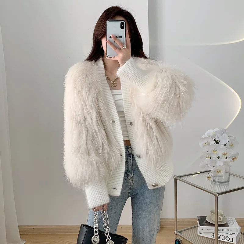 

2024New Raccoon Hair Car Stripe Fur Coat Women's Short Korean Fashion Knitted Cardigan Mao Coat Winter