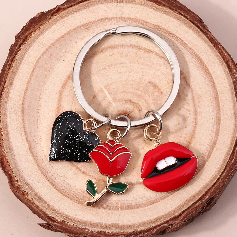 Fashion Rose Flower Keychain Enamel Love Heart Red Lips Key Chains Souvenir Gift For Women Men Handbag Car Key DIY Jewelry Gifts