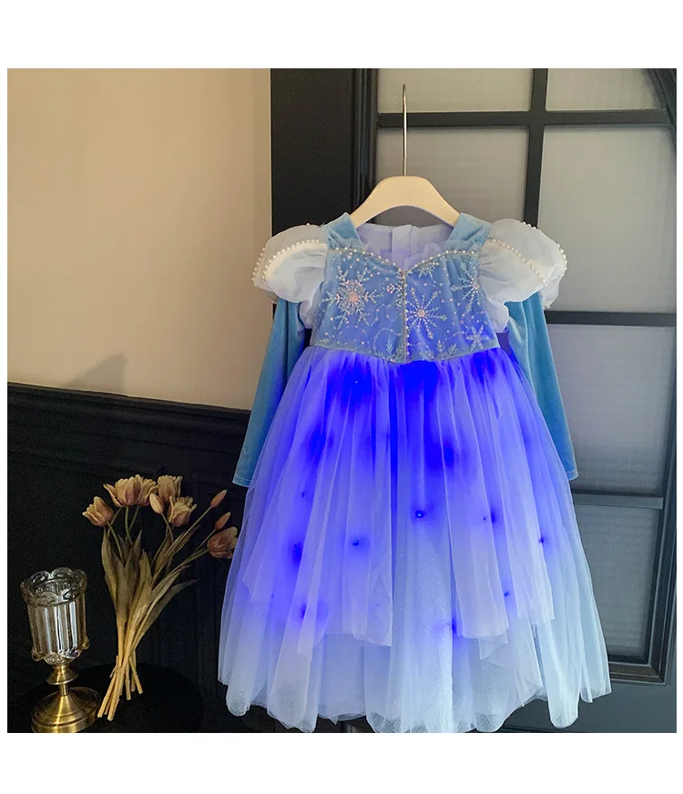 Elsa Frozen Girl Blue Birthday Party Wear Princess Long Clothing Flower Girls Dress Lush Elegant Sequin Velvet Dress for Girls