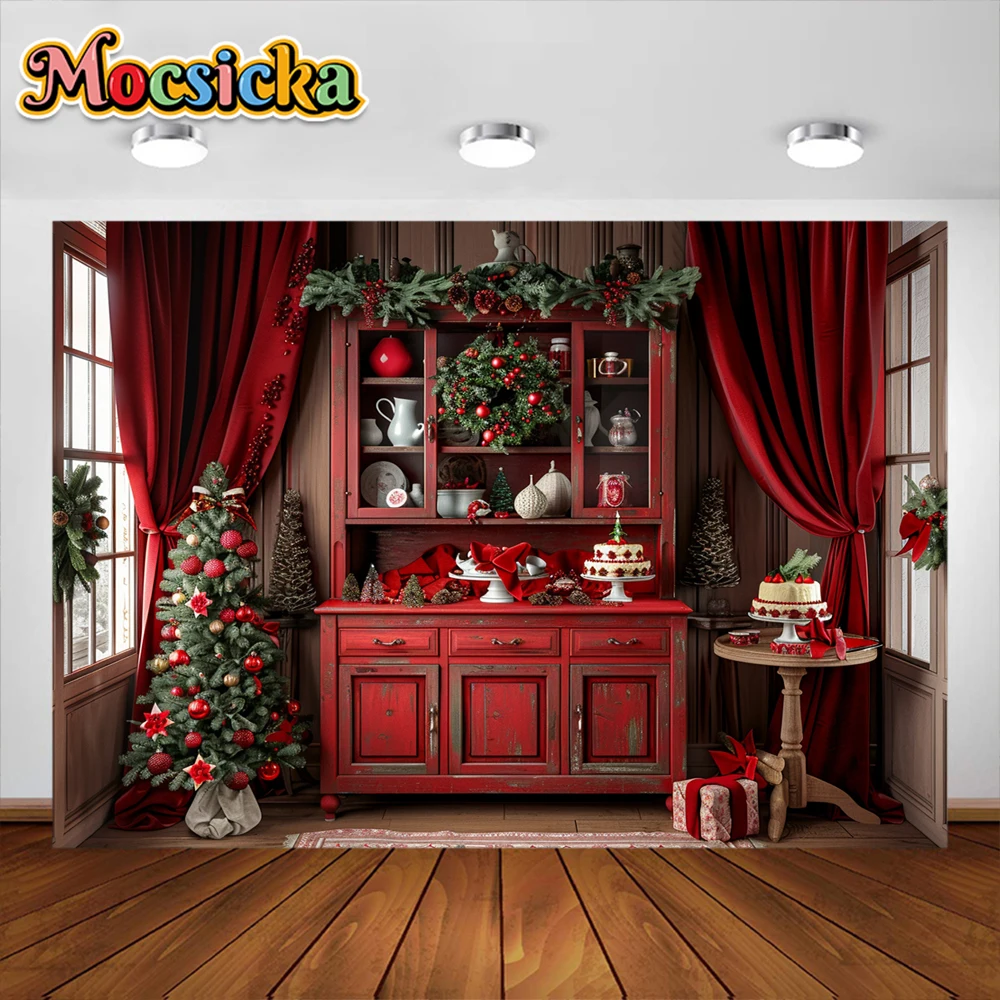 Christmas Kitchen Photography Background Garland XMAS Tree Cabinet Curtain Party Decora Supplies Adult KidsPortrait Studio Props