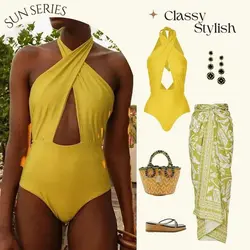 Bright Yellow Halter Neck Bikini Dress, Cross-Back, Vintage Print, Wrap Hip Dress, Beach Wear, High Street Outfit, 2Pcs