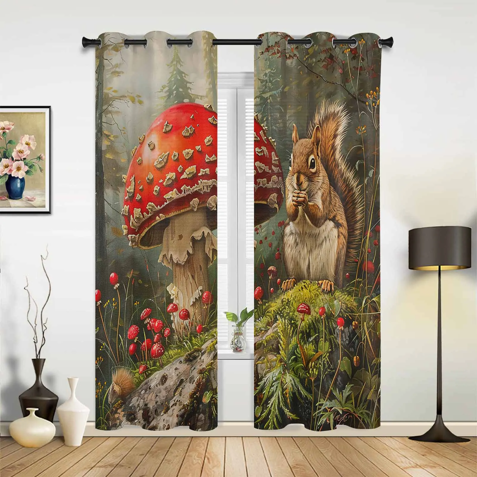 Autumn Forest Mushroom Squirrel Modern Window Curtains for Living Room Bedroom Curtain Kitchen Treatment Blinds Drapes