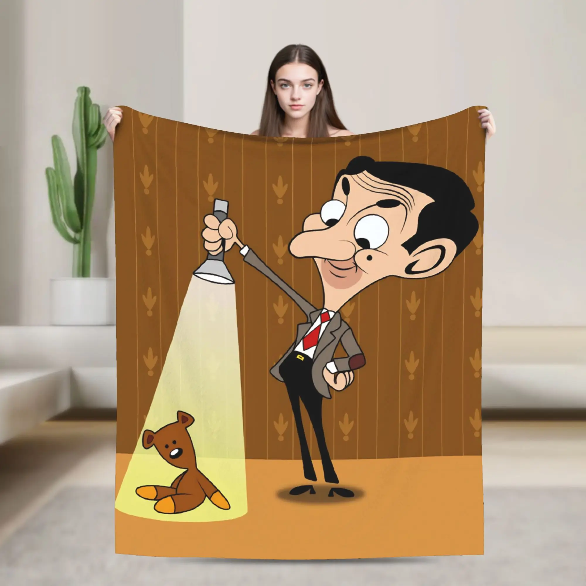 Mr. Beans  Teddy Bear  Blanket Cartoon   Flannel Throw Blankets Bed Sofa Personalised Soft Warm Bedsprea,