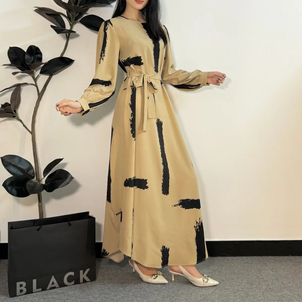 Abito musulmano abiti da preghiera per donna abaya moda femminile o-collo manica intera a-line abiti lunghi Casual Ramadan Maxi con cintura