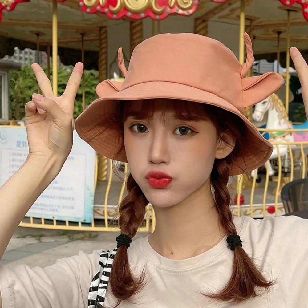 Style Cap Portable Cotton Panama Hat Horns Sun Protection Outdoor Beach Cap Cow Pattern Cap Basin Hat Sun Hat Women Bucket Hat