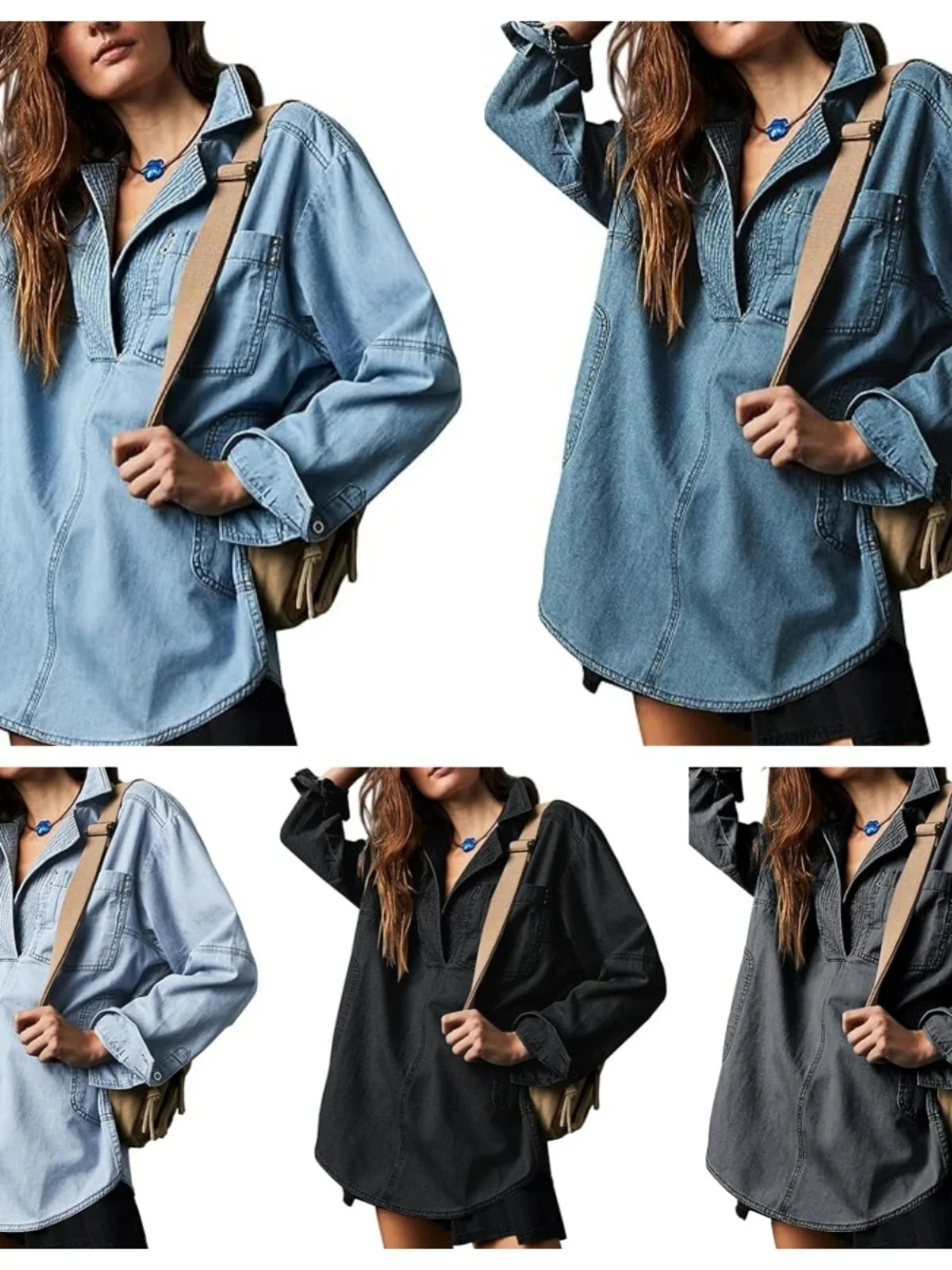 

Faionable Long Sve Denim Jaet Women's Crew Ne irt Casual Loose Fit Polyester Blend Traditional Design Color