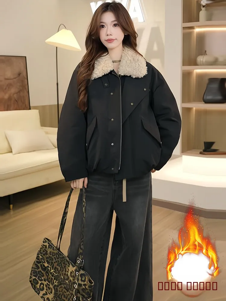 

Thiened Fce down Cotton Jaet Women's Faion Design Autumn Winter Warm Outerwear Korean Sle Loose Fit ort Coat