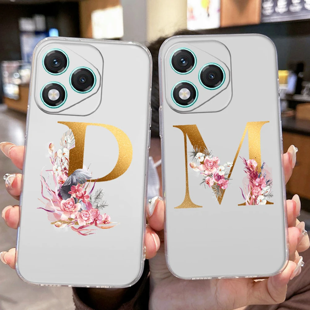 

Rose Flowers Golden Letters For Honor 400 Lite 6.7" Phone Case Transparent Clear Shockproof Protection Cover for Honor 400 Pro