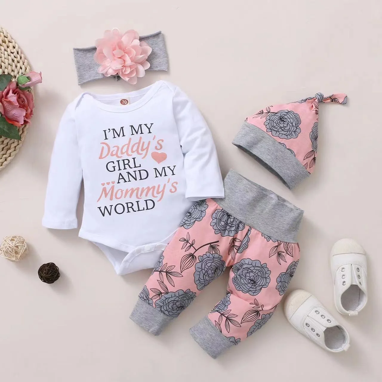Winter  0-3 Years Old  Letter  Printing  Long  Sleeved  Top  And  Flower  Print  Pant  Casual  2-Piece  Set