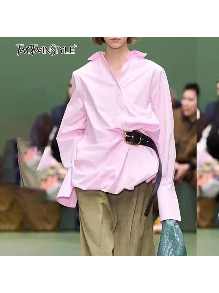 TWOTWINSTYLE Designer Detachable Blouse For Women Lapel Long Sleeve Patchwork Single Breasted Streetear Shirts Female Fashion