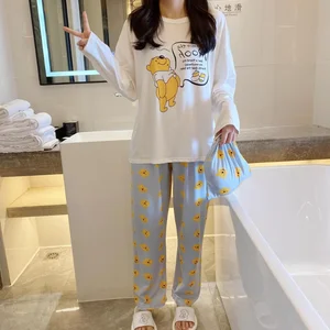 Novo pijama de outono winnie the pooh da disney, pijama longo de algodão com gola redonda, duas peças de seda, roupa de dormir feminina 8 principais vendas pijama do pooh - №6