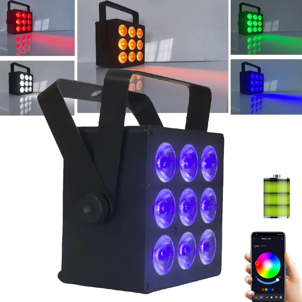 

Rechargeable LED Par Wash Light Mobile App Control 9X6W RGBWA+UV 6IN1 Battery Par Light DMX LED Uplights for DJ Disco Party Club