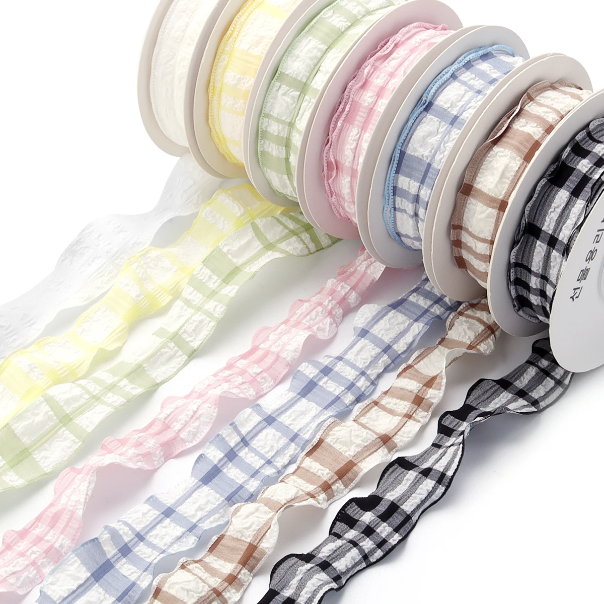 5Yards/Lot 2.5cm Polyester Plaid Ribbons Wrinkled Seersucker Ribbon For DIY Sewing Crafts Gift Cake Packaging Party Decor