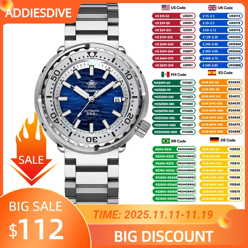 ADDIESDIVE Dress Tuna Men's Watch 300m Waterproof NH35 Sapphire AD2098 Automatic Mechanical Watches Stainless Steel reloj hombre