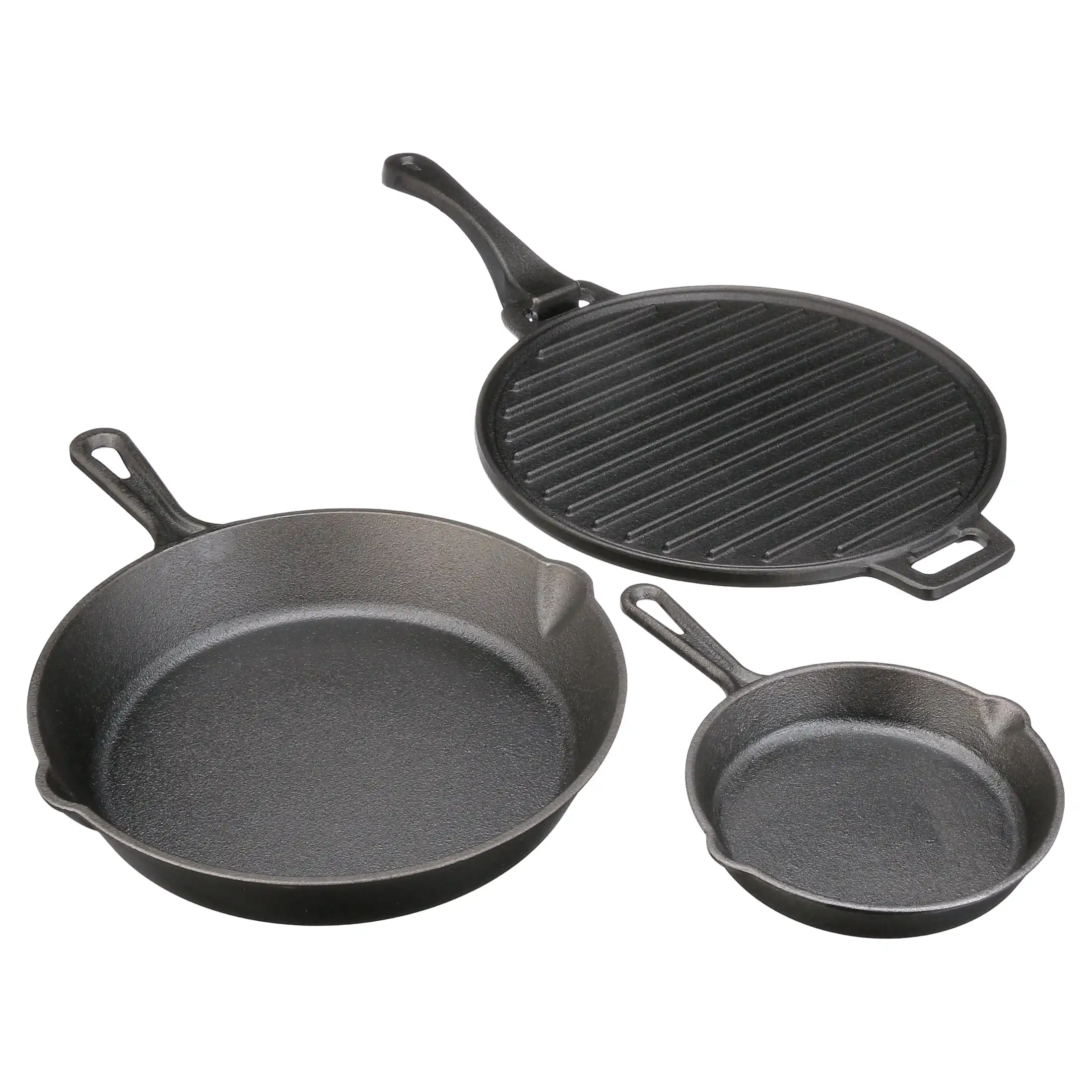 

Ozark Trail 4-Piece Cast Iron Skillet Set with Handles and Griddle, Pre-Seasoned, 6", 10.5", 11"