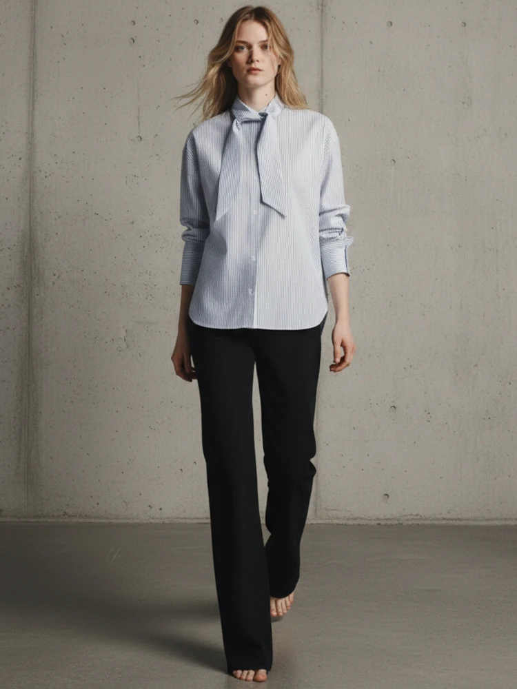 

Женская повседневная блузка с круглым вырезом, на шнуровке, в полоску, с длинным рукавом, однобортная, свободного кроя, укороченная, для офиса, 2026