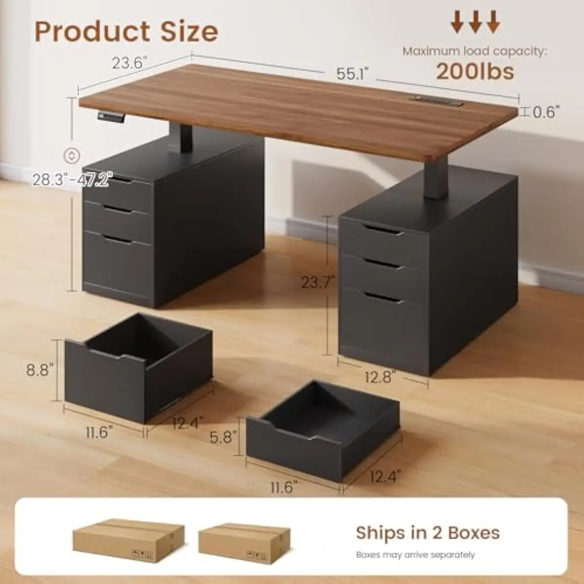 Electric height-adjustable workstation with six spacious storage drawers, 55-inch wide desktop, quiet dual-motor lift system, bu