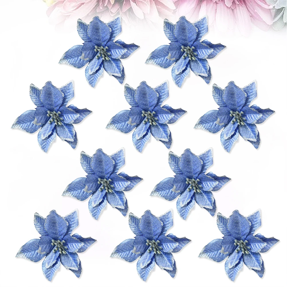 

10Pcs Blue Glitter Artificial Christmas Flowers 13Cm Xmas Tree Wreath Decor Ornament Sparkling Fake Decorative Flowers Wedding
