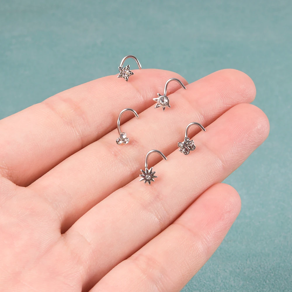 1Pc 20g Surgical steel Star Eye Nose Screw Piercing Rings CZ Gem Flower Flesh Nose Nostril Stud Body Jewelry