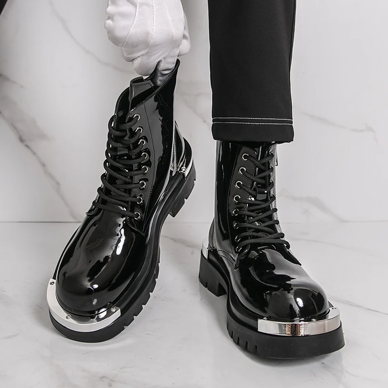 Classic Black Brand Motorcycle Boots Fashionable Patent Leather Men's Comfortable Side Zipper Thick Soled Casual High Top Boots