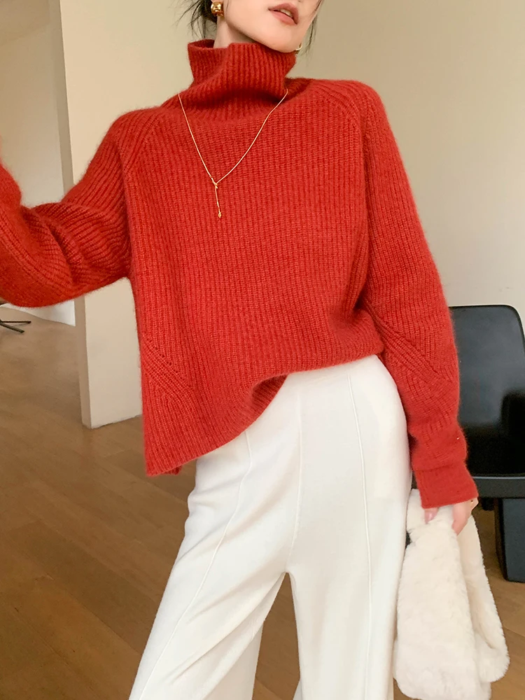 

Женский красный кашемировый свитер с высоким воротником и длинными рукавами, зимняя темпераментная внутренняя рубашка с джокером, нижний топ