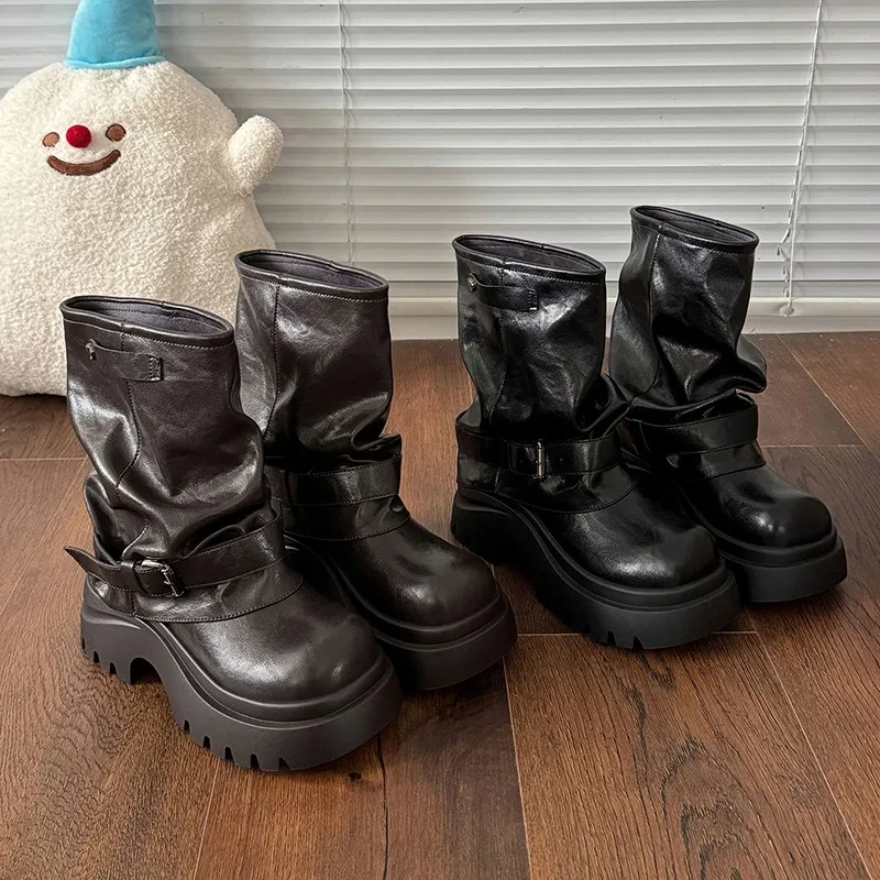 Botines de tubo de suela gruesa con plataforma Vintage para mujer, zapatos con hebilla de cinturón, botas cortas de cuero de estilo Punk para invierno