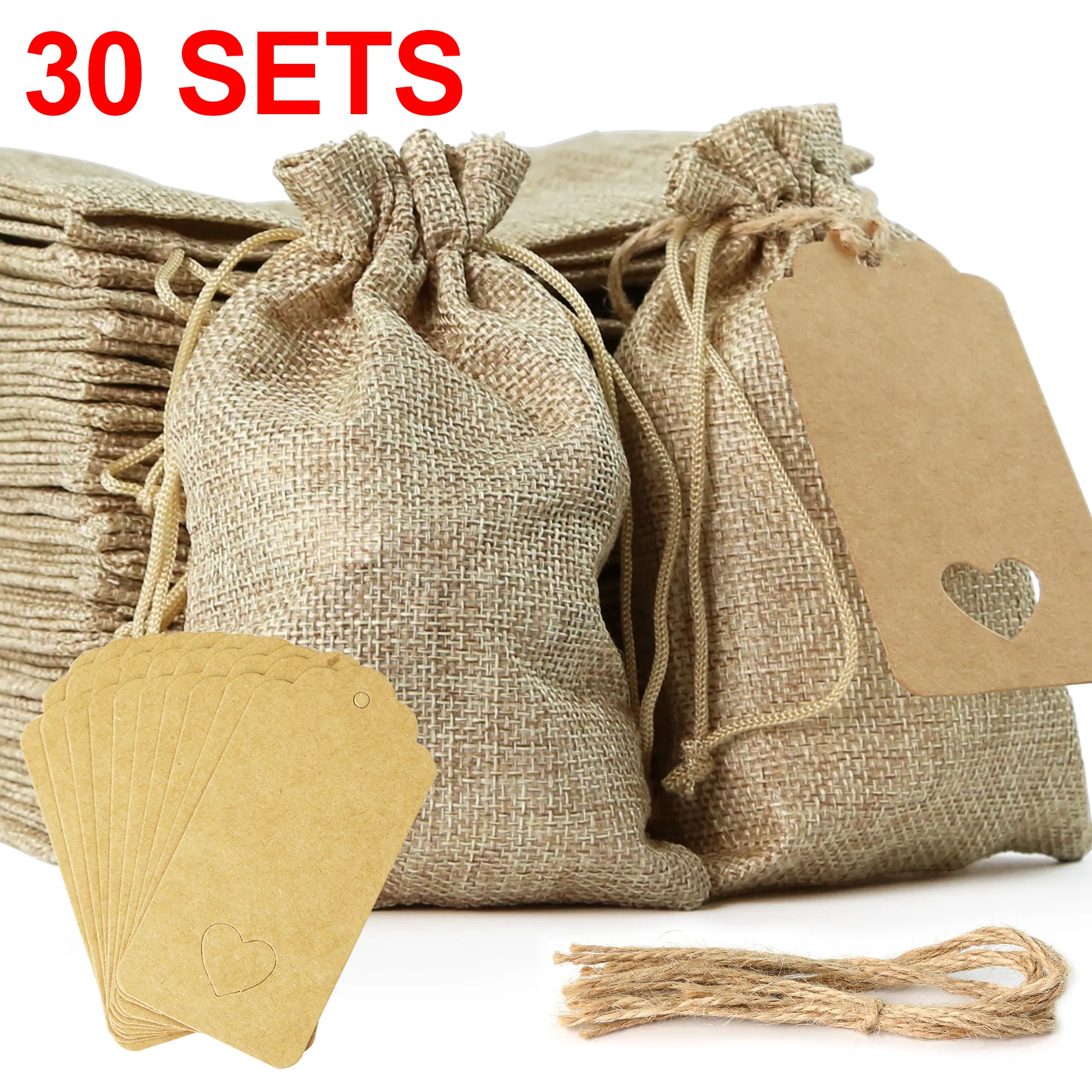 30 Sets hochwertige Leinen-Geschenktüten mit Kordelzug und Etikett, wiederverwendbare Leinenbeutel für Hochzeiten, Partys, Geschenke, Schmuck, Weihnachten, Basteln