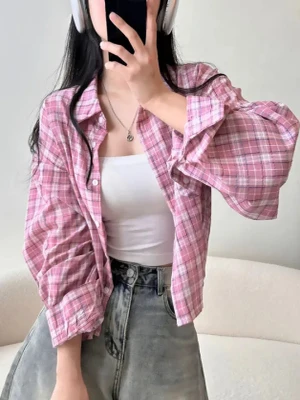 Chic Plaid ort Svel frauen irt Lose Fit Lange Sve drehen-unten Kragen Lazy Sle Koreanische Design Frühling herbst Top