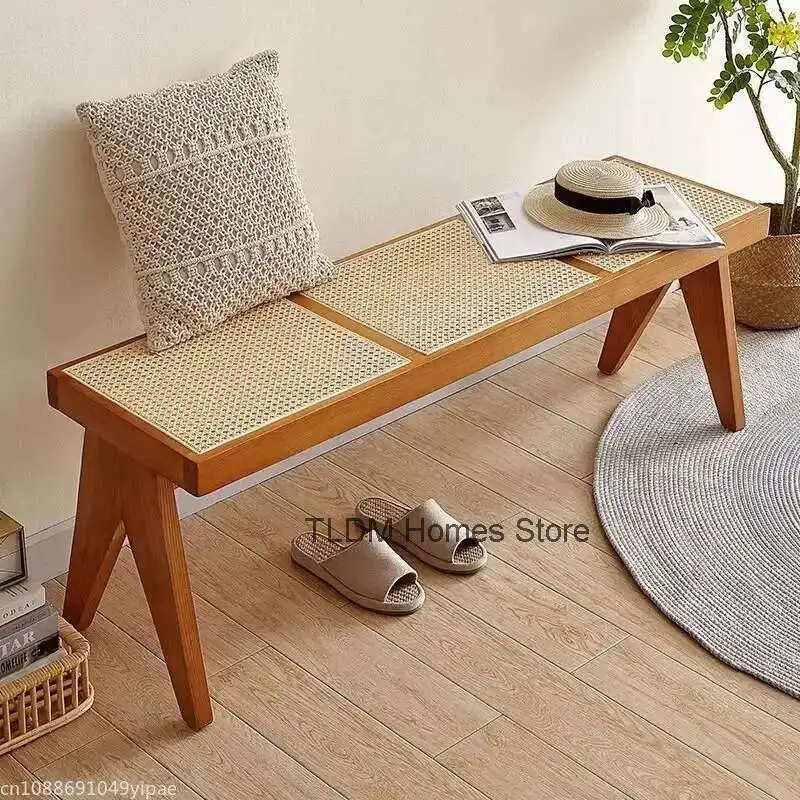

Скамейка из ротанга из массива дерева, стулья для гостиной, длинная скамейка, японская скамейка на конце кровати, ретро шезлонг, табурет, мебель для дома, пуфик