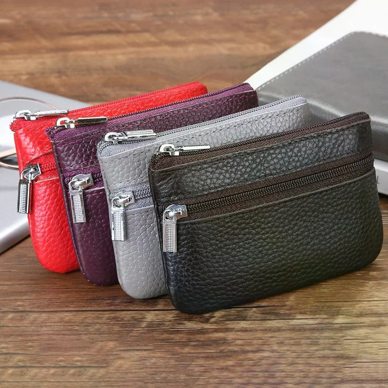 Leather 2 Zipper Coin Purse Wallet With Card Slots, Coin Organizer, Change Holder,Card Case, Leather Zipper Storage Bag For Men
