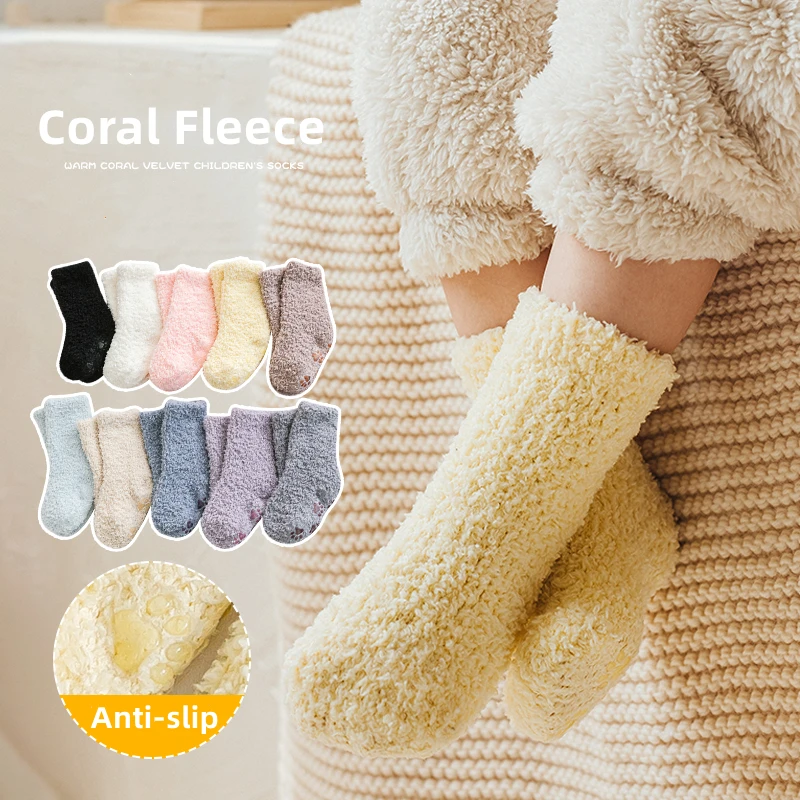 1 Pairs Winter Coral Fleece Children Socks Thick Warm Anti-slip Newborn Girls Boys Tube Socks Indoor Floor Socks For 0-5 Years