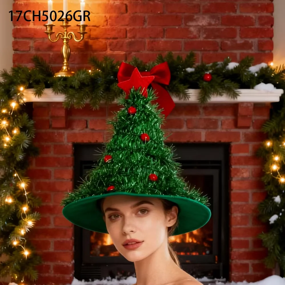 PESENAR Green Tinsel Christmas Tree Hat with Red Star and Baubles - Add a Whimsical Touch to Your Holiday Look