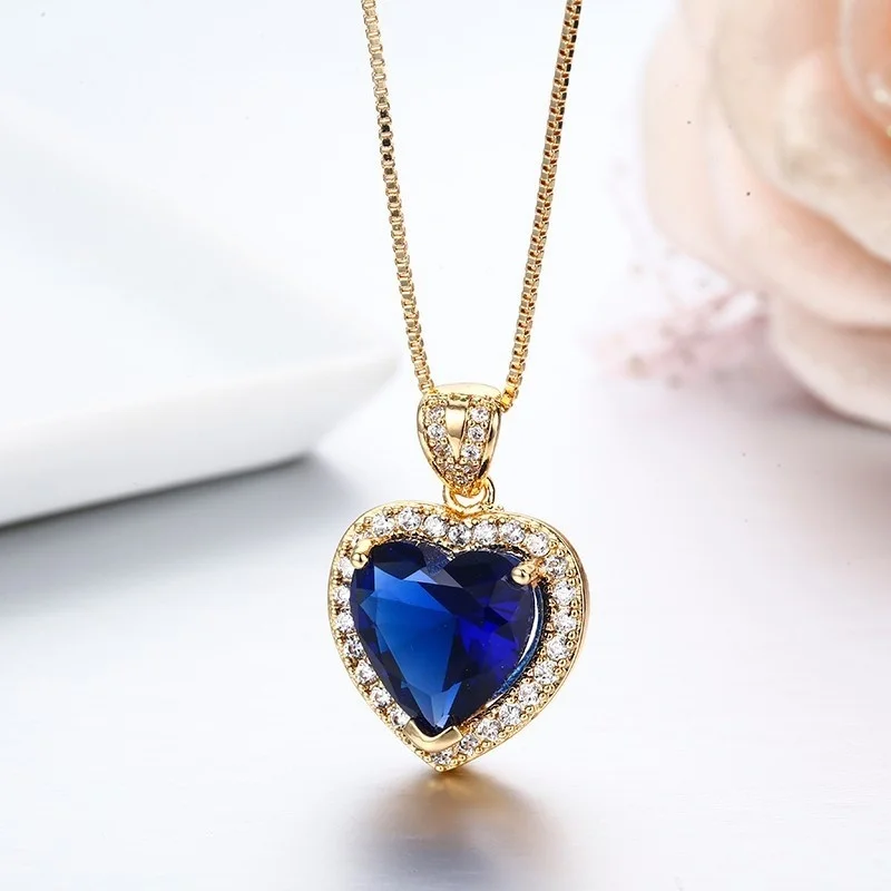 45+5cm Ocean Love Heart Peach London Blue CZ Accent Pendant Necklace Women Brass Gold Color Jewelry Gift For Valentine's Day