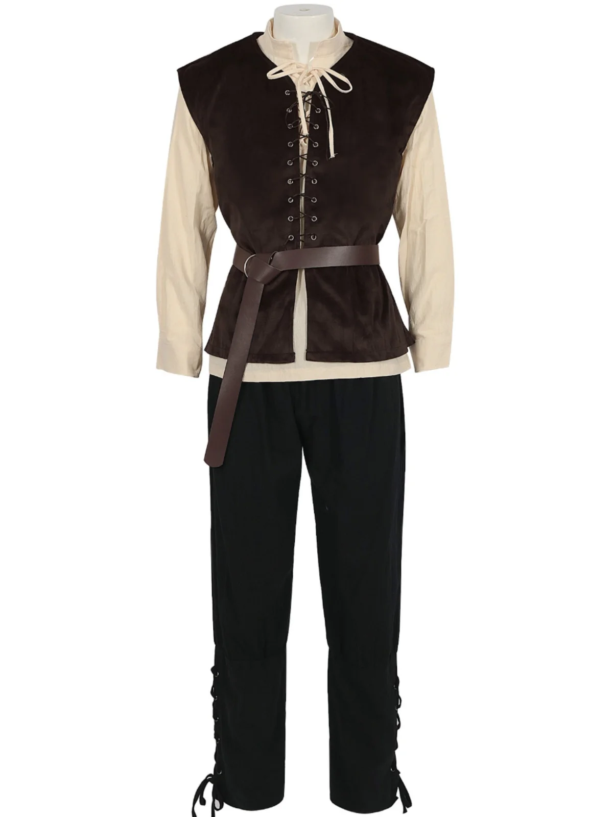 Retro Medieval Cotton Linen Men's Shirt Pants Suede Vest Pirate Civilian Set Drama Cos Long Sleeve Stand Collar Special Wide