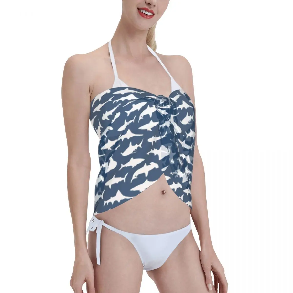 Personalizado legal tubarões em azul marinho vestido de praia casual decorar feminino sarongs curtos envoltório de praia para roupa de banho