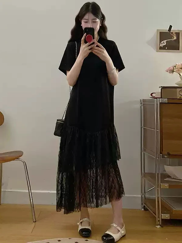 Grande taille Patchwork Dr femmes été ample minceur Ele coréen Sle H-Line longue Sve ronde Ne ort Sve T-shirt...