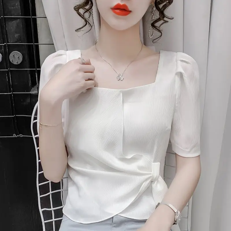 Office Lady Flattering Summer Women's Clothing Square Collar Bandage Solid Color Short Sleeved Chiffon T-shirt Elegant Tops