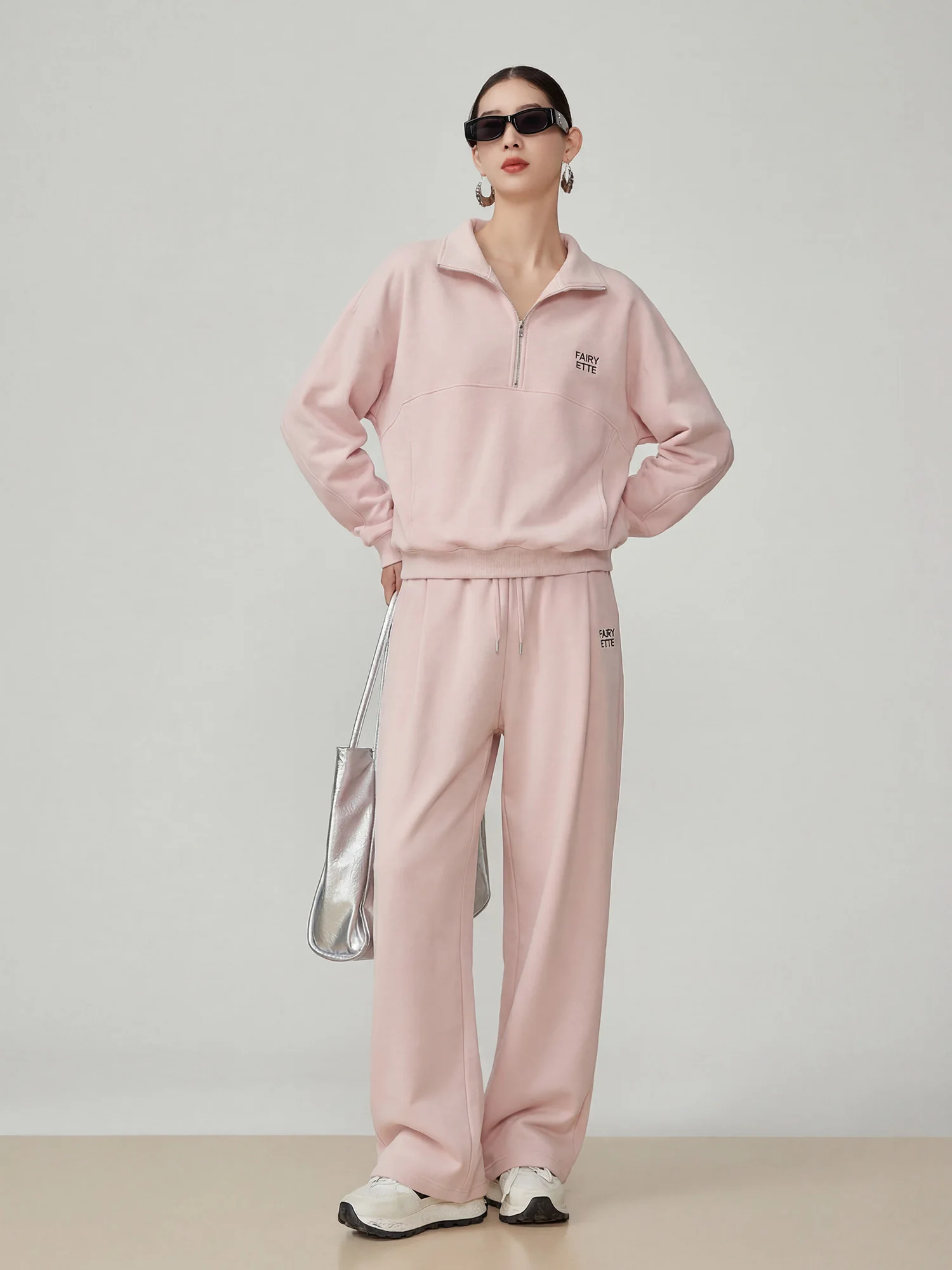 

Light Pink Zipper Hoodie Wide Leg Sweatpants Set Women's Loose Casual Sports Two Piece Set Early Spring New Sle
