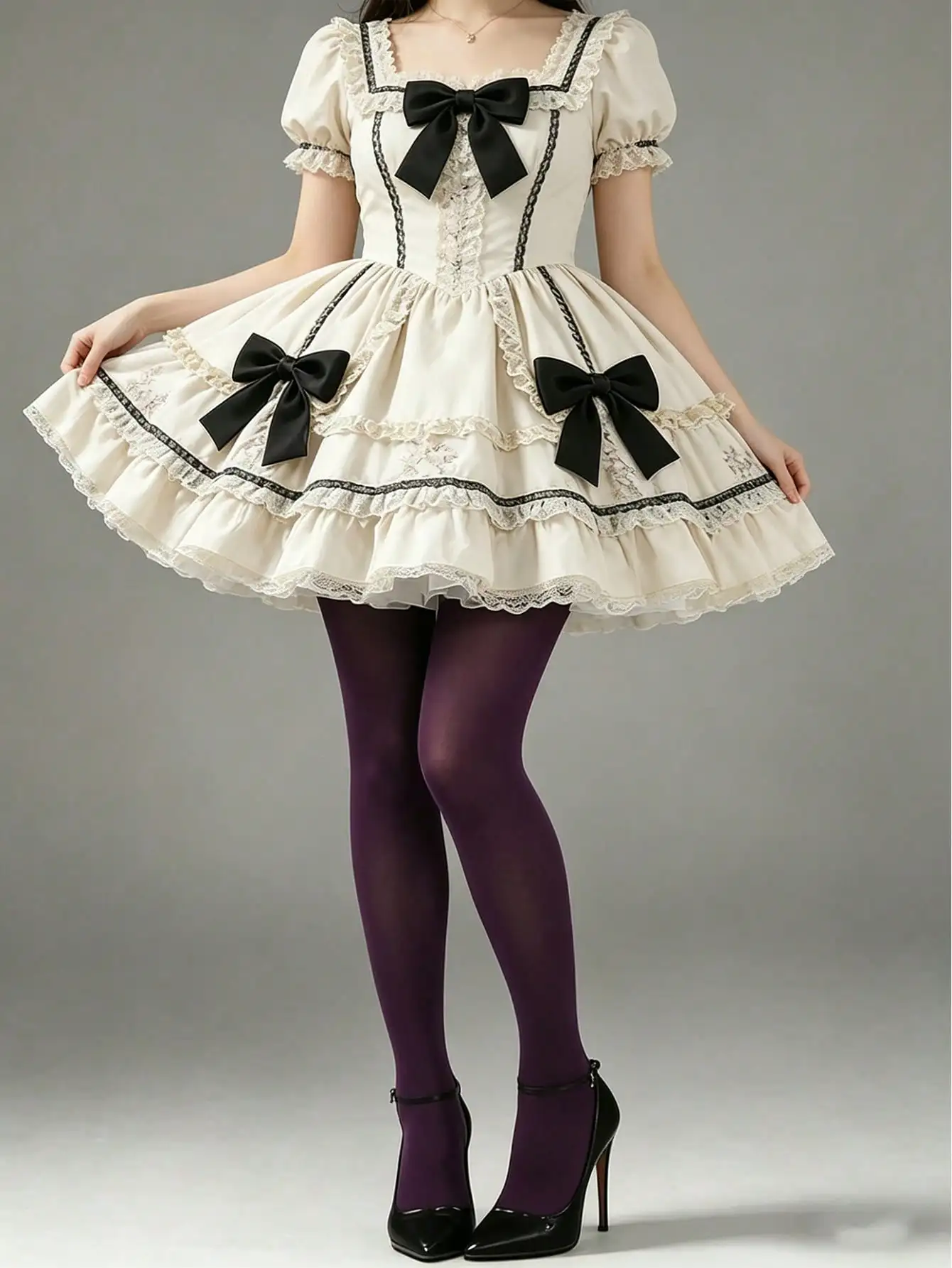 1 Paar Damen-Strumpfhosen in Dunkelviolett, blickdicht, dehnbar, einfarbig, im Lolita-Stil – Detail 5