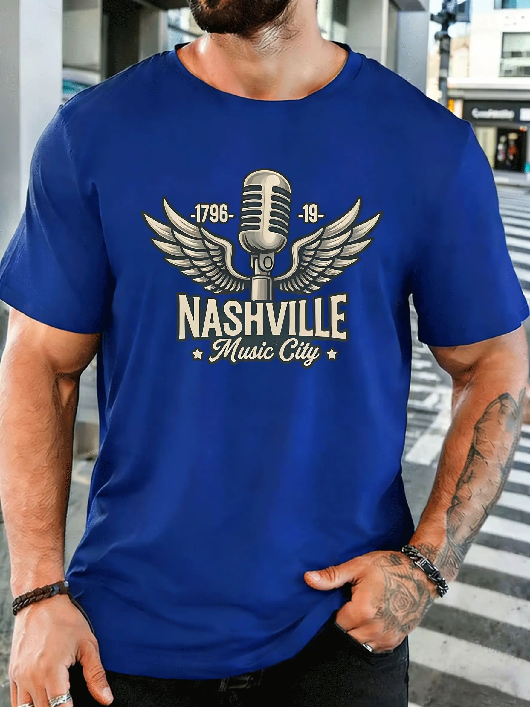Nashville Music City Wing Mic Mens Front Print T Shirt Country Music Graphic Tee Casual Short Sleeve Top Music Fan Gift