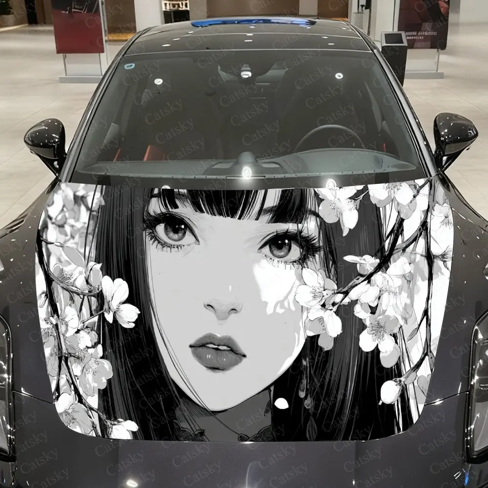 

Japanese Fresh Style Sakura Girl Car Vinyl Wrap, PVC Waterproof Car Hood Sticker, Self-Adhesive Scratch-Resistant Stickers