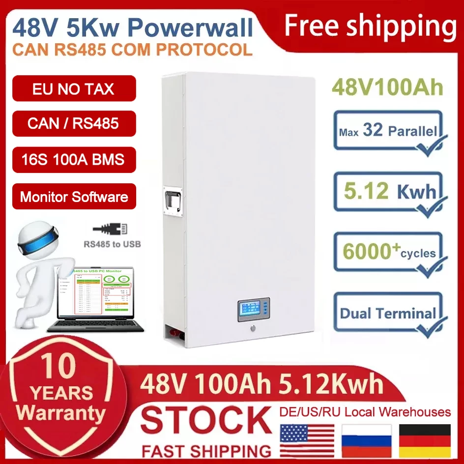 

Аккумулятор Powerwall 48 В, 6000 Ач, 51,2 Ач, циклов, 5 кВт, 10 кВт, 16S, в, BMS, RS485, CAN-шина, ПК монитор для автономной/сетевой PV системы