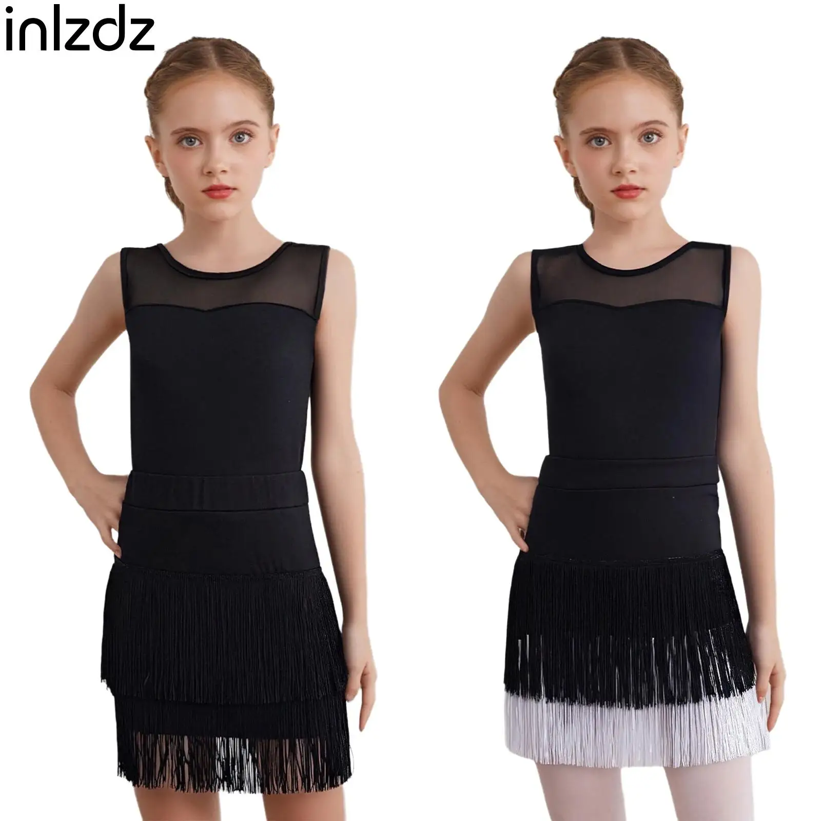 

Kids Girl Latin Dance Sets Sleeveless Leotard+Tassel Skirt for Professional Tango Cha-cha Samba Rumba Dance Training Competition