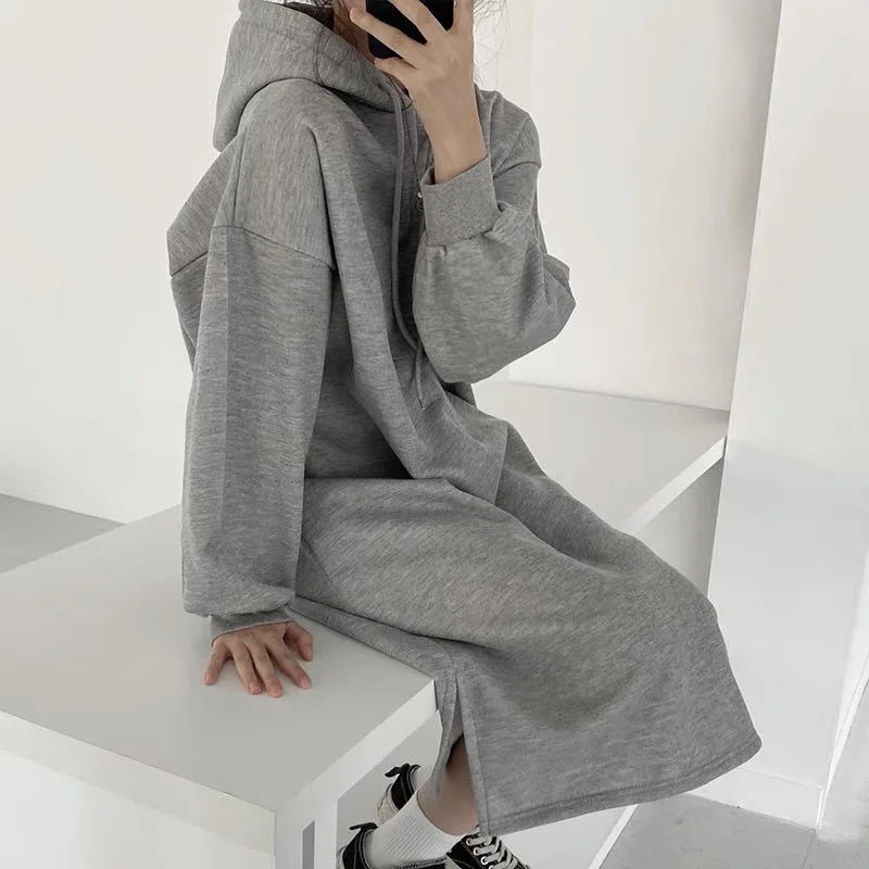 Korean Split Hoodies Grey Dress For Women Autumn Winter Simple Lazy Style Drawstring Hooded Long Sleeve Length Vestidos