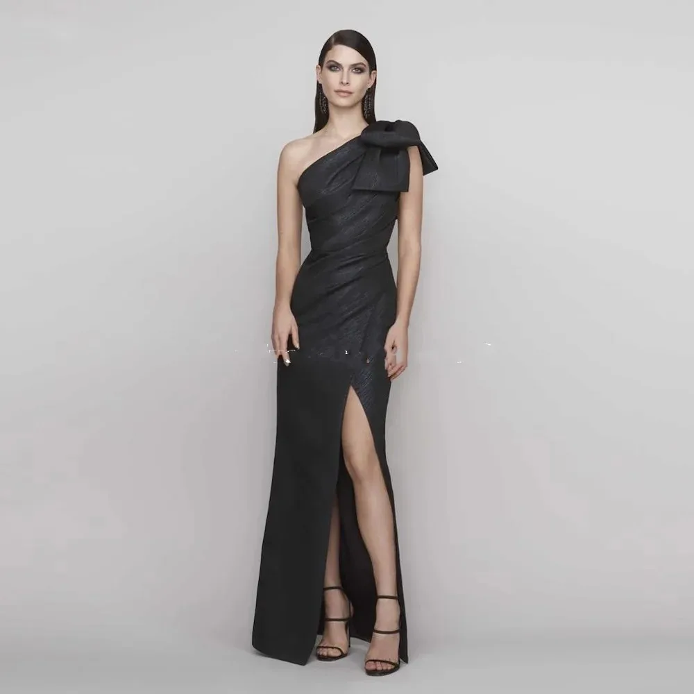 

Flora Dress Elegant Black Satin Mermaid One Shoulder Dubai Arabic Sleeveless Side Split Pleated Evening Dress vestidos de noche