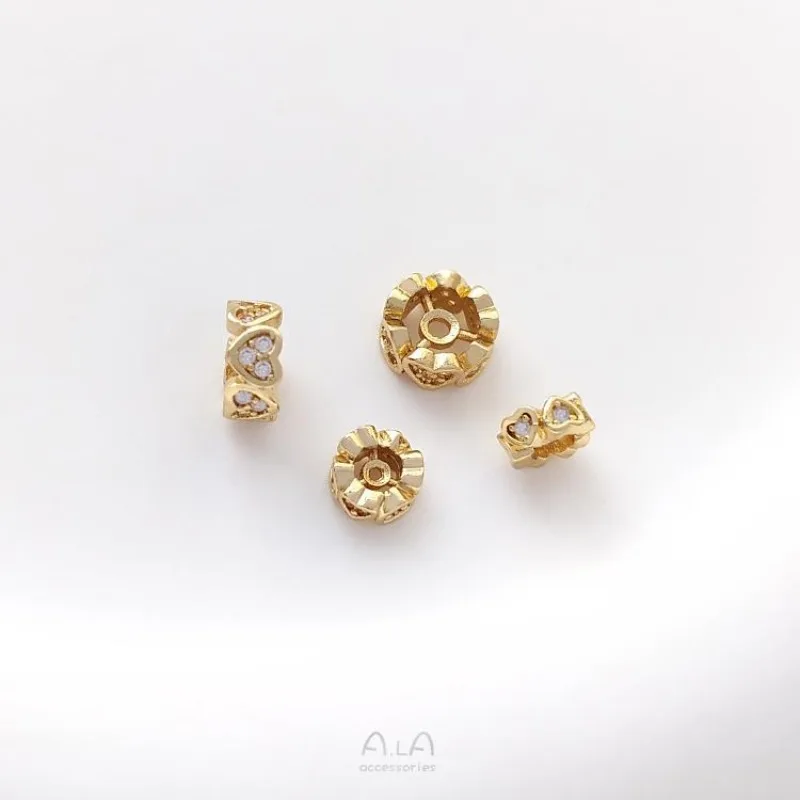 14K Gold Color-preserving Zircon Peach Heart Bead Spacer, Love Ring Spacer DIY Handmade Beaded Bracelet Jewelry Accessories