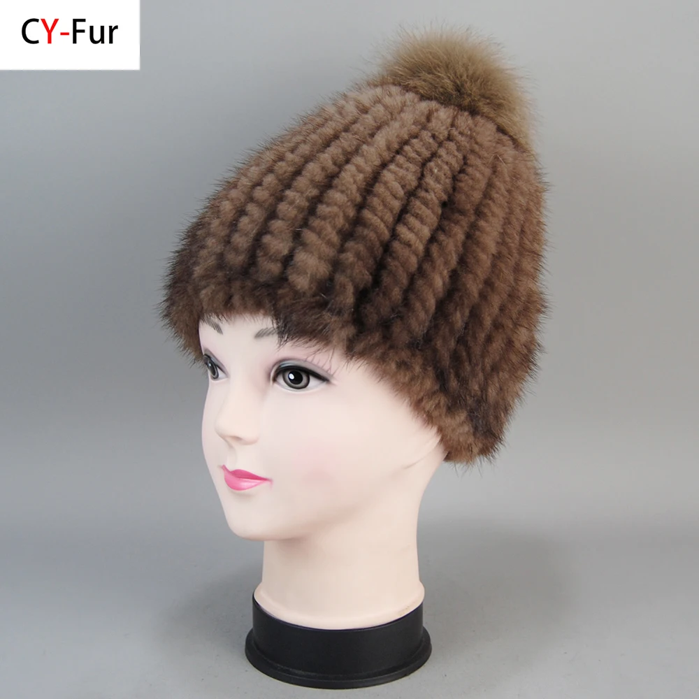 

New Lady Winter Real Mink Fur Bomber Hat Natural Knitted Warm Mink Fur Cap With Fox Fur Pompoms Women 100% Real Mink Fur Hats